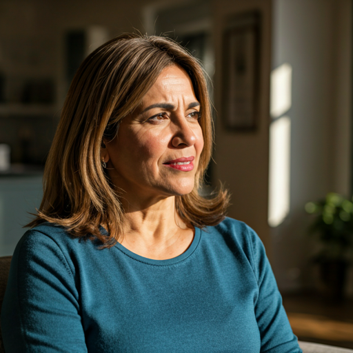 Serene 50-year-old Hispanic woman in a sunlit living room